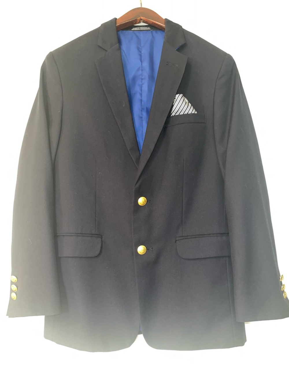 Boy’s Classic Dark Navy Blazer with Gold Buttons and sewn in pocket square